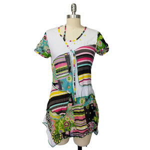 Vintage 90s Y2K Mixed Media Tunic Top Size M Dolcezza Multi Color Mesh Print